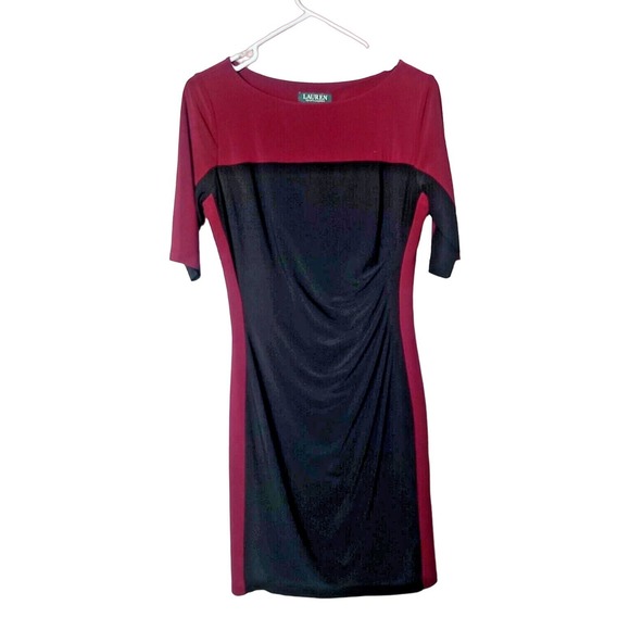 Lauren Ralph Lauren Burgundy Black Ruched Waist Sheath Dress Womans Size 10 - Picture 1 of 4